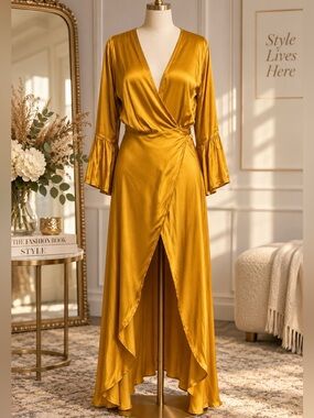 Meo Meli Gold Wrap Maxi Dress Bell Sleeve High Low Boho Glam Italy Chic Small